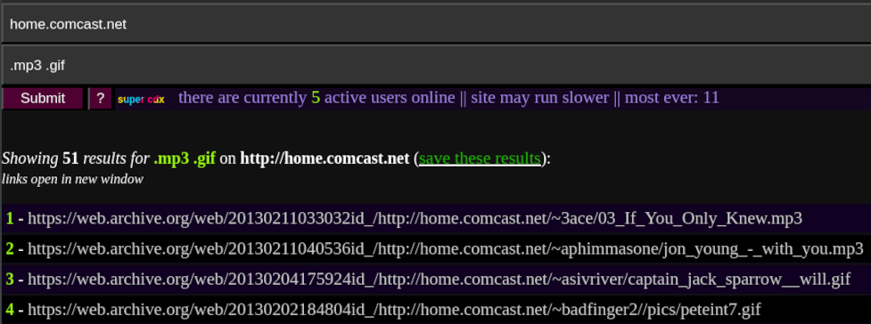 Screenshot of the interface. The URL input says home.comcast.net, the string input says .gif .mp3, and there are 4 search results shown below of .gif and .mp3 files